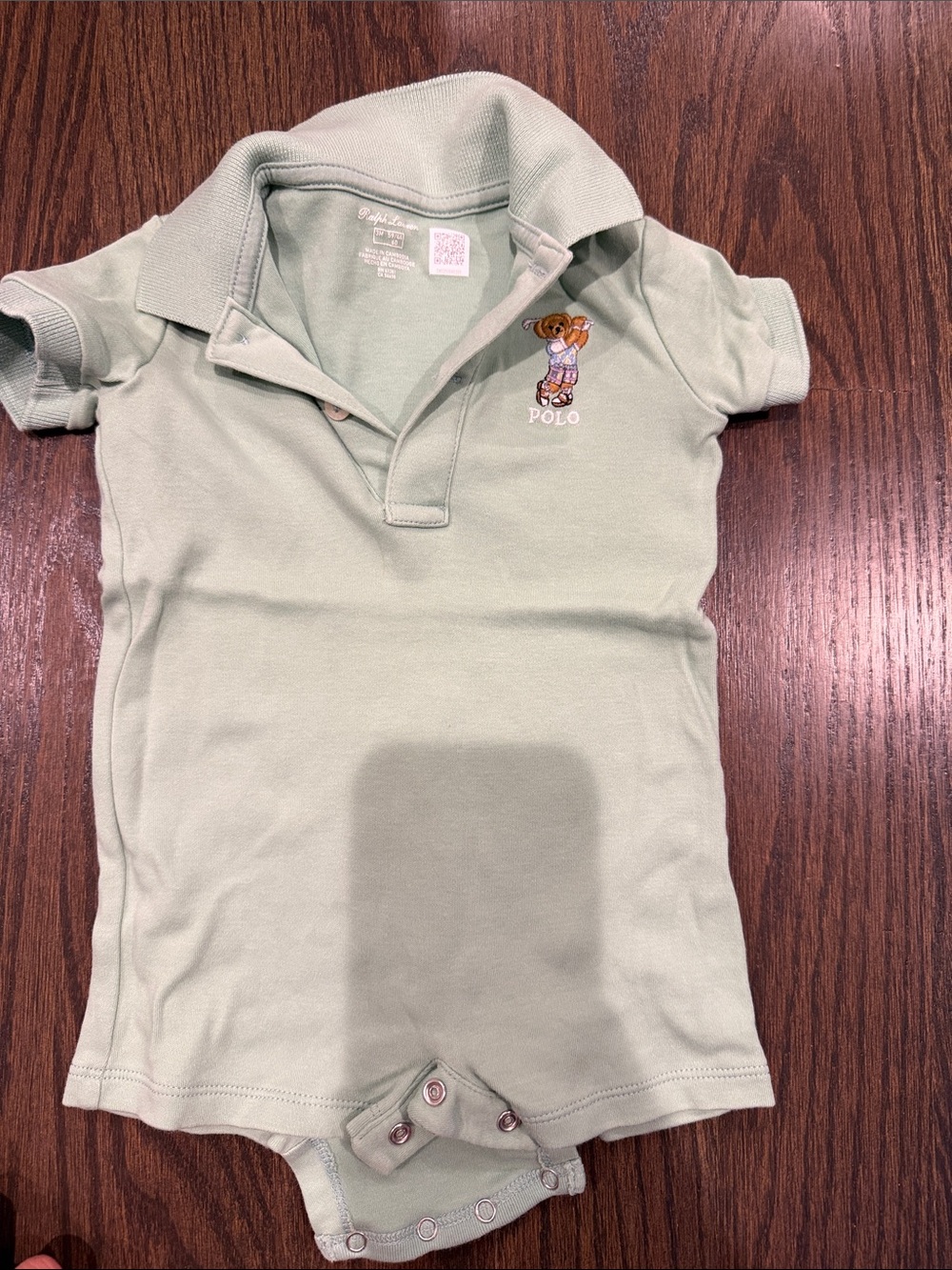Polo by Ralph Lauren Light Sage Green Baby Polo Onesie with Bear Embroidery
